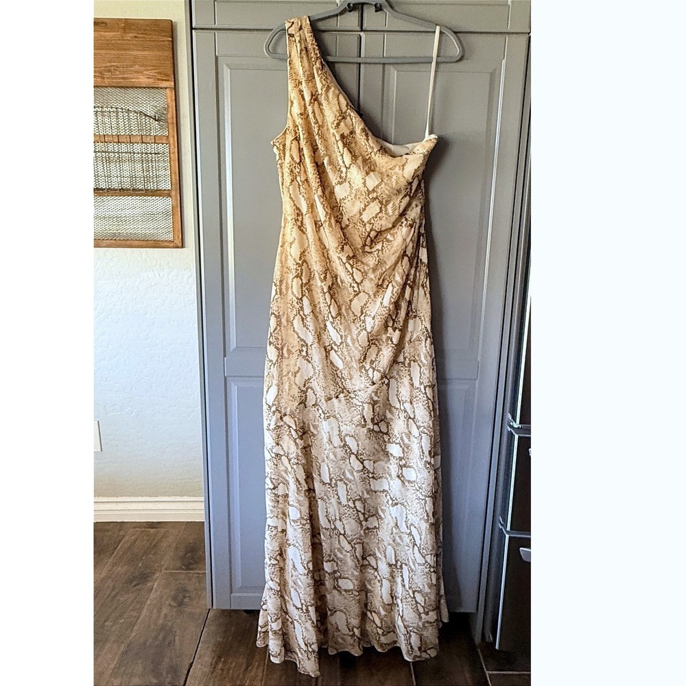 Lauren Ralph Lauren Snakeskin Print One Shoulder Drape Maxi Dress,Tan Brown,14